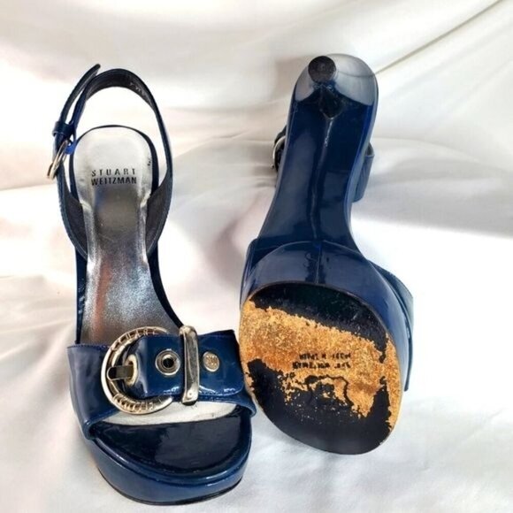Stuart Weitzman blue patent leather buckle slingback platform shoes heel 7.5 - Picture 12 of 14